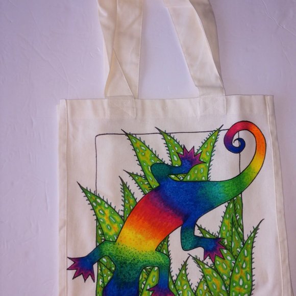 Hand-Painted Rainbow Gecko Tote Bag: Reusable Canvas Shopping Bag 14x13x7 - Picture 2 of 16